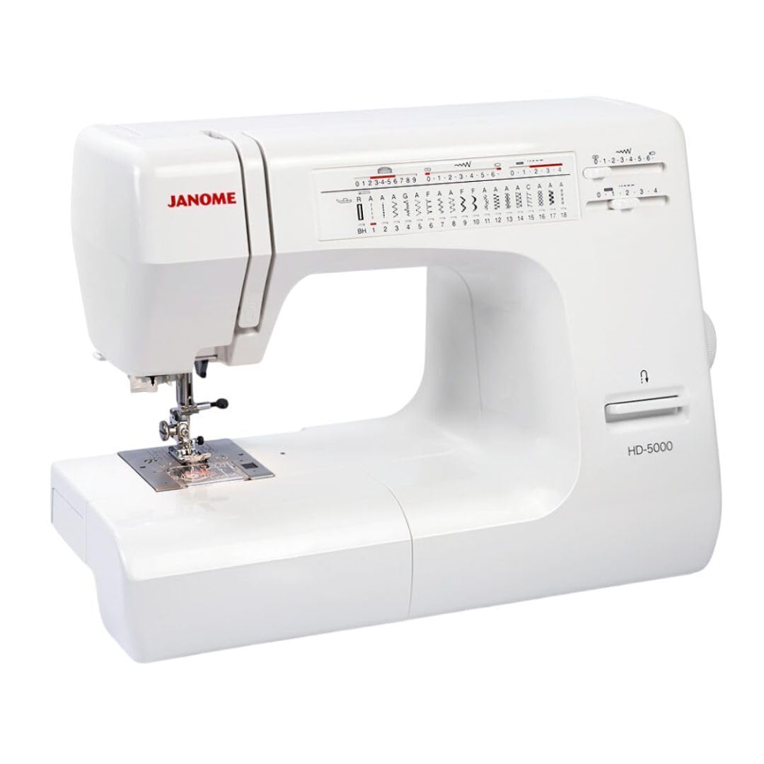 Janome HD-5000 Heavy Duty Sewing Machine with Aluminum Body, 18 Stitches, Free Arm, and Built-In Needle Threader (White)