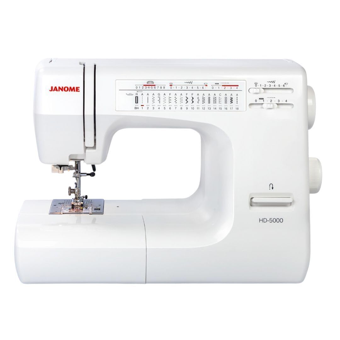 Janome HD-5000 Heavy Duty Sewing Machine with Aluminum Body, 18 Stitches, Free Arm, and Built-In Needle Threader (White)