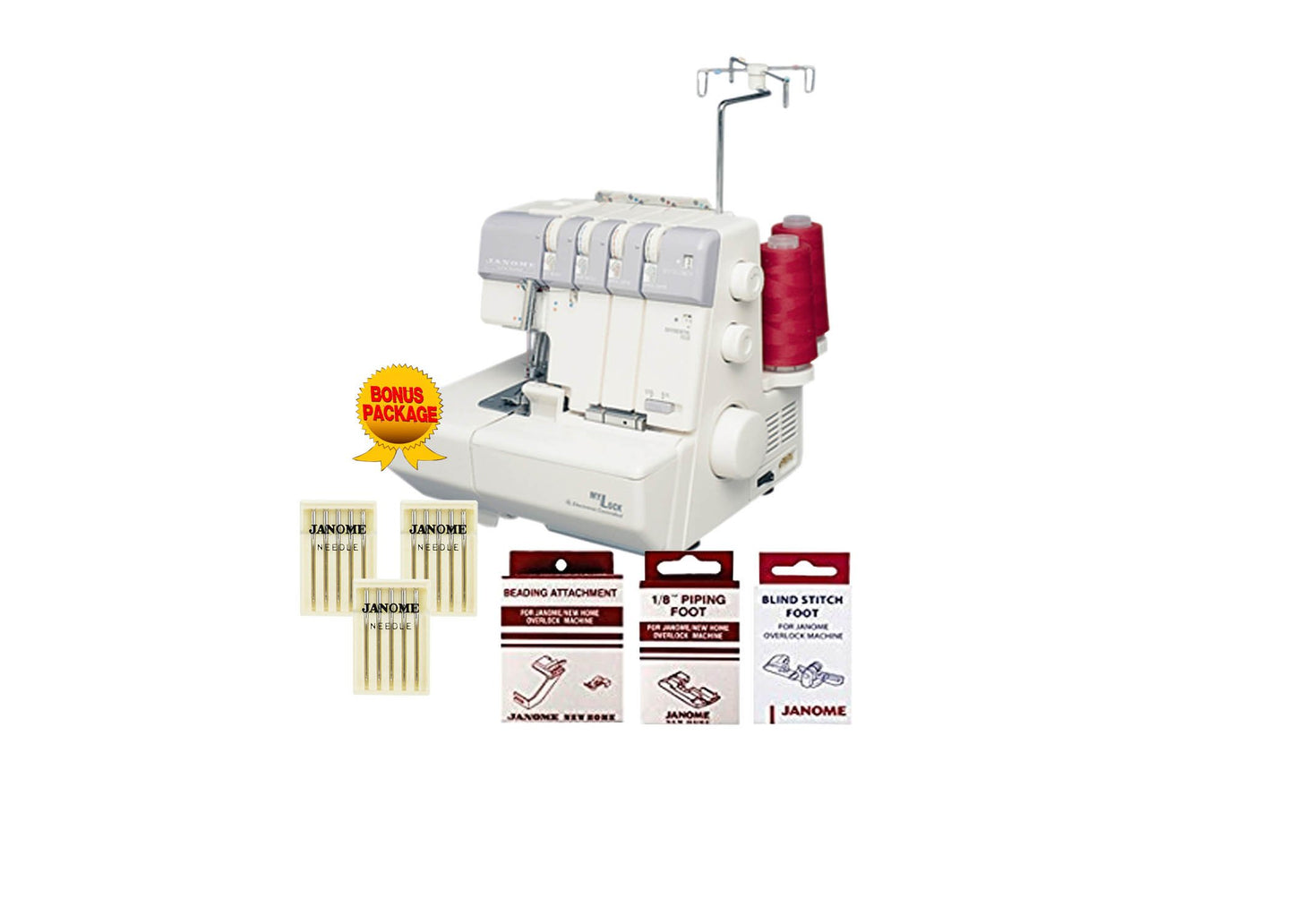 Janome MyLock 634D Overlock Serger, with Self Threading Lower Looper, Differential Feed, 2 needle, 2/3/4 Thread Overlock Stitching with FREE BONUS PACKAGE!