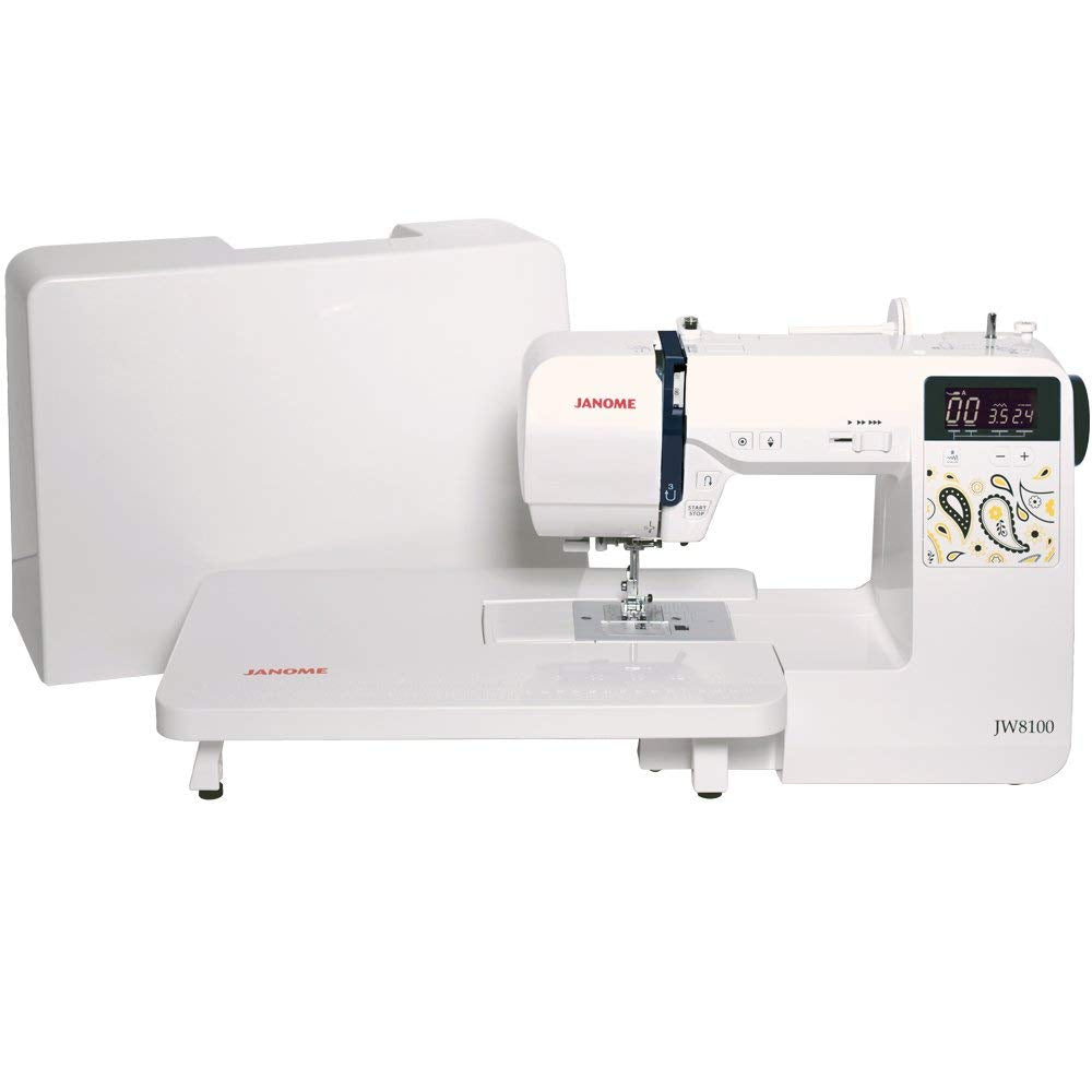 Janome JW8100 Fully-Featured Computerized Sewing Machine with 100 Stitches, 7 Buttonholes, Hard Cover, Extension Table and 22 Accessories